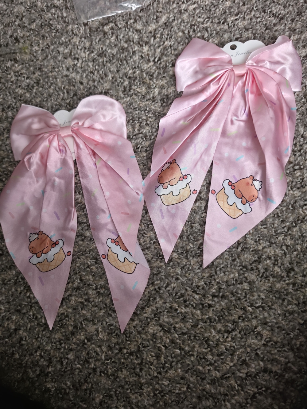 Kids Pink Satin Bow Hair Tie with Cupcake Print